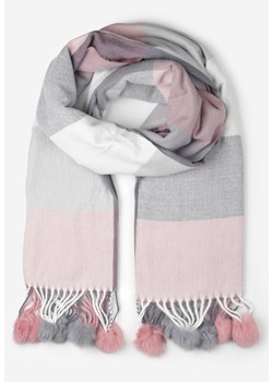Różowy Szalik w Szeroką Kratę z Pomponami Voso ze sklepu renee.pl w kategorii Szaliki i chusty damskie - zdjęcie 187579823