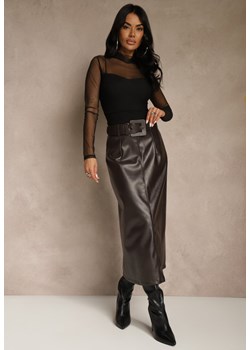 Brązowa Ołówkowa Spódnica z Imitacji Skóry z Paskiem z Wyrazistą Klamrą Rewedana ze sklepu renee.pl w kategorii Spódnice - zdjęcie 187632144