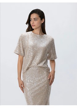 Reserved - Cekinowy t-shirt boxy - kremowy ze sklepu Reserved w kategorii Bluzki damskie - zdjęcie 187633944