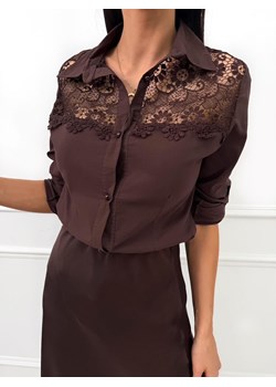 Czekoladowa Koszula z Koronką ze sklepu ModnaKiecka.pl w kategorii Koszule damskie - zdjęcie 187635642