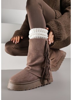 Jasnobrązowe Botki w Stylu Śniegowców z Frędzlami i Cholewką Imitującą Nogawkę Sierafera ze sklepu born2be.pl w kategorii Śniegowce damskie - zdjęcie 187648104