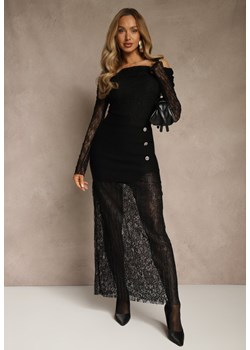 Czarna Spódnica z Dzianiny z Wiskozą z Koronkowym Dołem Zdobiona Guzikami Sewune ze sklepu renee.pl w kategorii Spódnice - zdjęcie 187648140