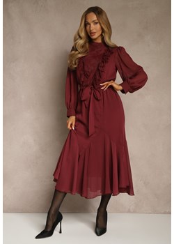 Bordowa Romantyczna Sukienka z Bufiastymi Rękawami i Falbanką z Koronki Sewmira ze sklepu renee.pl w kategorii Sukienki - zdjęcie 187648150