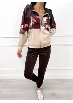 Ciemnobrązowy Welurowy Komplet w Kwiaty ze sklepu ModnaKiecka.pl w kategorii Komplety i garnitury damskie - zdjęcie 187651752