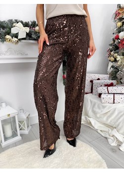 Czekoladowe Cekinowe Spodnie z Szerokimi Nogawkami ze sklepu ModnaKiecka.pl w kategorii Spodnie damskie - zdjęcie 187651860