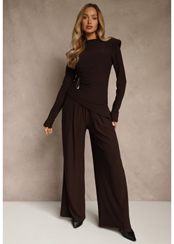 Brązowy Elegancki Komplet Spodnie Wide Leg i Bluzka z Poduszkami w Ramionach Sewinea ze sklepu renee.pl w kategorii Komplety i garnitury damskie - zdjęcie 187667373