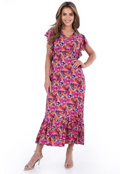 Sukienka FSU1120 EKRI pomarańczowo amarantowe kwiaty ze sklepu fokus.pl w kategorii Sukienki - zdjęcie 187670950