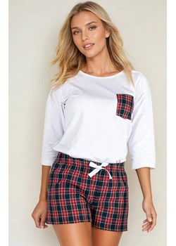 Piżama dwuczęściowa damska krótkie spodenki z kratę Vicky, Kolor biało-czerwony, Rozmiar S, Momenti per me ze sklepu Intymna w kategorii Piżamy damskie - zdjęcie 187678804