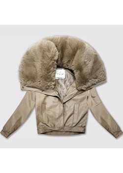 Skórzana kurtka z dużym futrzanym kołnierzem Glakate ciepły beżowy  (LU98090#) ze sklepu goodlookin.pl w kategorii Kurtki damskie - zdjęcie 187684051