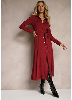 Bordowa Długa Sukienka Koszulowa z Wiązaniem w Talii Levae ze sklepu renee.pl w kategorii Sukienki - zdjęcie 187686373