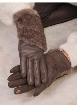 RĘKAWICZKI OCIEPLANE Z EKOSKÓRY I ZAMSZU Z FUTERKIEM- CIEMNY BRĄZ ze sklepu olika.com.pl w kategorii Rękawiczki damskie - zdjęcie 187690084