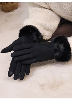 RĘKAWICZKI DZIANINOWE  Z FUTERKIEM I NASZYWKĄ- CZARNY ze sklepu olika.com.pl w kategorii Rękawiczki damskie - zdjęcie 187690134