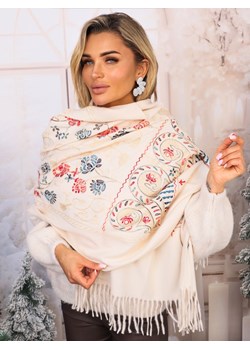 SZAL DZIANINOWY Z HAFTEM KWIATOWYM I FRĘDZLAMI- BEŻOWY ze sklepu olika.com.pl w kategorii Szaliki i chusty damskie - zdjęcie 187690152