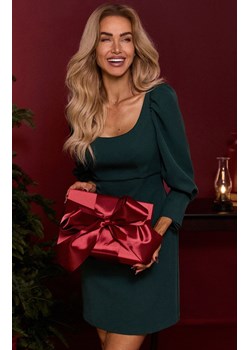 Sukienka mini z bufiastymi rękawami w kolorze butelkowej zieleni M836, Kolor butelkowa zieleń, Rozmiar L, MOE ze sklepu Primodo w kategorii Sukienki - zdjęcie 187693340