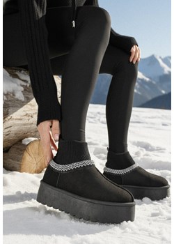 Czarne Śniegowce VICES na Grubej Podeszwie z Haftem i Skarpetkową Cholewką Enantia ze sklepu born2be.pl w kategorii Śniegowce damskie - zdjęcie 187696593