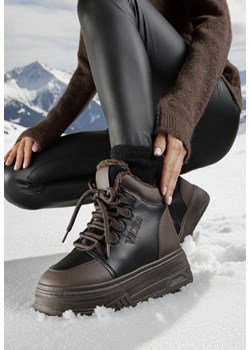 Czarno-Brązowe Sneakersy Śniegowce Vices na Grubej Podeszwie z Tłoczeniem Ozdobione Napisem Fettania ze sklepu born2be.pl w kategorii Buty sportowe damskie - zdjęcie 187696680