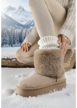 Ciemnobeżowe Śniegowce za Kostkę Mocno Ocieplane z Futerkiem na Platformie Reilanna ze sklepu born2be.pl w kategorii Śniegowce damskie - zdjęcie 187696691