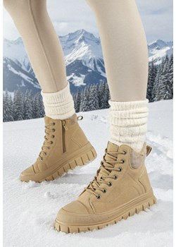 Beżowe Botki Vices na Grubej Tłoczonej Podeszwie ze Sznurowaniem i Ozdobnymi Przeszyciami Savethira ze sklepu born2be.pl w kategorii Botki - zdjęcie 187700034