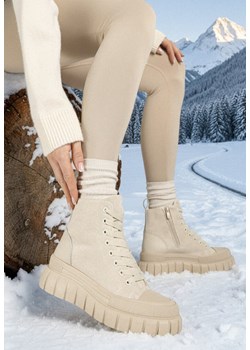 Beżowe Sznurowane Botki na Platformie Novita ze sklepu born2be.pl w kategorii Workery damskie - zdjęcie 187700532