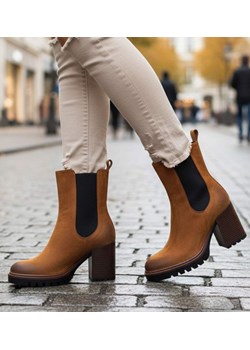 Karmelowe zimowe botki na słupku /F3-2 18592 G388/ ze sklepu Pantofelek24.pl w kategorii Botki - zdjęcie 187743010