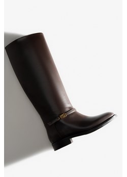 Estro: Wysokie ciemnobrązowe kozaki damskie ze skóry naturalnej ze złotą sprzączką ze sklepu Estro w kategorii Kozaki damskie - zdjęcie 187745721