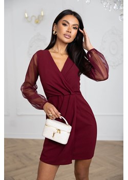 SUKIENKA MINI Z TIULOWYMI POŁYSKUJĄCYMI RĘKAWAMI- BORDOWA ze sklepu olika.com.pl w kategorii Sukienki - zdjęcie 187802224