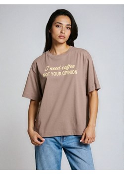 Sinsay - Bawełniana koszulka z napisem - brązowy ze sklepu Sinsay w kategorii Bluzki damskie - zdjęcie 187805760