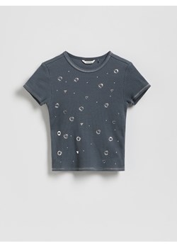 Reserved - Bawełniany t-shirt z aplikacją - ciemnoszary ze sklepu Reserved w kategorii Bluzki dziewczęce - zdjęcie 187820883