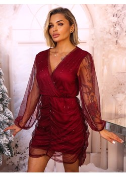 SUKIENKA BŁYSZCZĄCA Z DRAPOWANIEM- BORDOWA ze sklepu olika.com.pl w kategorii Sukienki - zdjęcie 187824402