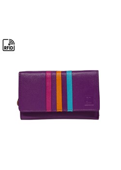 fioletowy portfel skórzany damski z kolorowymi paskami 14x9,5 cm ze sklepu Słoń Torbalski w kategorii Portfele damskie - zdjęcie 187831102