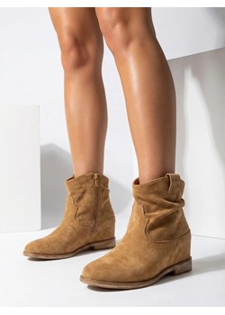 Botki Damskie Athena Camel Skórzane Zamszowe Eleganckie ze sklepu royalfashion.pl w kategorii Botki - zdjęcie 187852504