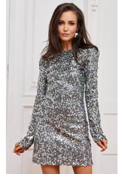 Srebrna cekinowa sukienka mini z długim rękawem i odkrytymi plecami ze sklepu intimiti.pl w kategorii Sukienki - zdjęcie 187860412