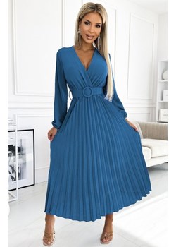 Numoco 504-5 VIVIANA plisowana sukienka midi z dekoltem, długim rękawkiem i szerokim paskiem ze sklepu intimiti.pl w kategorii Sukienki - zdjęcie 187860531