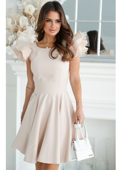 Rozkloszowana sukienka z tiulowymi rękawami beżowa ze sklepu intimiti.pl w kategorii Sukienki - zdjęcie 187867850