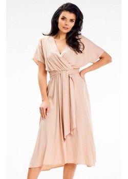 Awama A642 beżowa rozkloszowana sukienka midi ze sklepu intimiti.pl w kategorii Sukienki - zdjęcie 187869553
