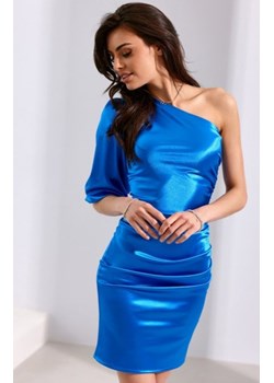 Satynowa sukienka mini z bufiastym rękawem 3/4 chabrowa ze sklepu intimiti.pl w kategorii Sukienki - zdjęcie 187869741