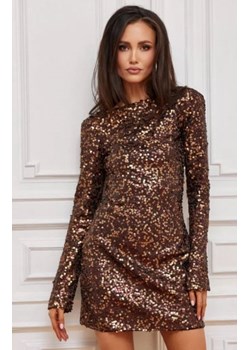 Brązowa cekinowa sukienka mini z długim rękawem i odkrytymi plecami ze sklepu intimiti.pl w kategorii Sukienki - zdjęcie 187870210