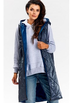 Awama A683 dwustronna kamizelka midi z kapturem granatowa ze sklepu intimiti.pl w kategorii Kamizelki damskie - zdjęcie 187870303
