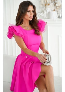 Rozkloszowana sukienka z tiulowymi rękawami różowa neon ze sklepu intimiti.pl w kategorii Sukienki - zdjęcie 187871014