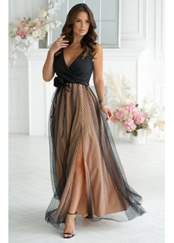 Efektowna długa sukienka z paskiem z różyczką czarny-beż ze sklepu intimiti.pl w kategorii Sukienki - zdjęcie 187876302