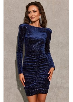 Roco 0443 cekinowa mini sukienka z poduszkami na ramionach granatowa ze sklepu intimiti.pl w kategorii Sukienki - zdjęcie 187879572