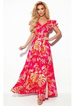 Numoco 310-4 LIDIA długa sukienka z dekoltem i falbankami różowa w kwiaty ze sklepu intimiti.pl w kategorii Sukienki - zdjęcie 187890580