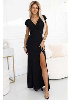 Numoco 598-1 IRINA olśniewająca długa czarna suknia z brokatem, kopertowym dekoltem i rozcięciem na nodze ze sklepu intimiti.pl w kategorii Sukienki - zdjęcie 187893463