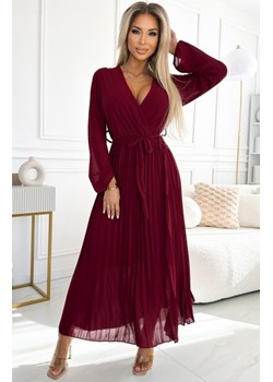 Numoco 537-1 plisowana szyfonowa sukienka z dekoltem, długim rękawkiem i wiązanym paskiem ze sklepu intimiti.pl w kategorii Sukienki - zdjęcie 187895071