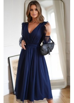 Bicotone 269-01 sukienka midi z tiulowymi rękawami granatowa ze sklepu intimiti.pl w kategorii Sukienki - zdjęcie 187900034