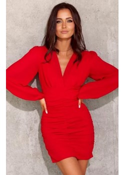 Dopasowana mini sukienka z bufiastymi rękawami czerwona ze sklepu intimiti.pl w kategorii Sukienki - zdjęcie 187901521