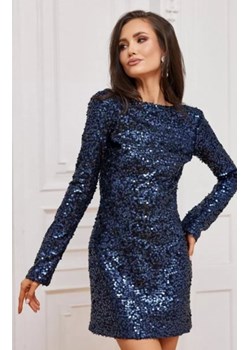 Granatowa cekinowa sukienka mini z długim rękawem i odkrytymi plecami ze sklepu intimiti.pl w kategorii Sukienki - zdjęcie 187902992