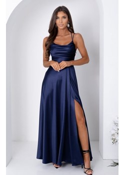 Duet Valeria satynowa długa sukienka z wiązaniem gorsetowym granatowa ze sklepu intimiti.pl w kategorii Sukienki - zdjęcie 187904762