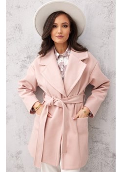 Wełniany płaszcz damski wiązany różowy 0025 ze sklepu intimiti.pl w kategorii Płaszcze damskie - zdjęcie 187905981