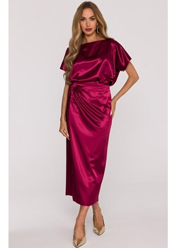 Satynowa sukienka damska z wiązaniem bordowa M887, Kolor bordowy, Rozmiar 2XL/3XL, MOE ze sklepu Primodo w kategorii Sukienki - zdjęcie 187917830